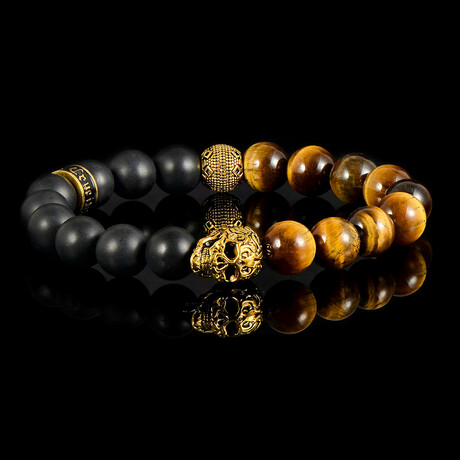 Gold Plated Steel Skull + Tiger Eye + Matte Onyx Stone Stretch Bracelet // 8"