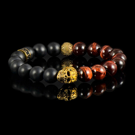 Red Tiger Eye Stone + Matte Onyx Stone + Gold Plated Stainless Steel Skull Stretch Bracelet // 10mm