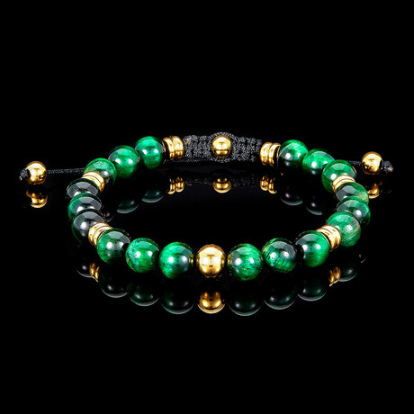 Green Tiger Eye + Gold Plated Stainless Steel Adjustable Bracelet // 7.75"