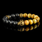Gold Plated Steel Skull + Golden Tiger Eye + Matte Onyx Stone Stretch Bracelet // 8"