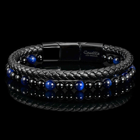 Blue Tiger Eye Stone + Onyx + Leather Cuff Bracelet // 6mm