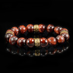 Red Tiger Eye + Gold Plated Stainless Steel Accents Stretch Bracelet // 8"