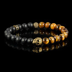 Gold Plated Steel Skull + Tiger Eye + Matte Onyx Stone Stretch Bracelet // 8.5"