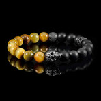 Steel Skull + Golden Tiger Eye + Matte Onyx Stone Stretch Bracelet // 8.25"