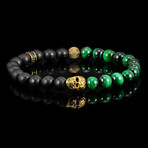 Steel Skull + Green Tiger Eye + Matte Onyx Stone Stretch Bracelet // 8.5"