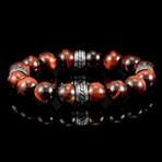 Red Tiger Eye Stone + Stainless Steel Accents Stretch Bracelet // 7.5"
