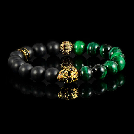 Green Tiger Eye Stone + Matte Onyx Stone + Gold Plated Stainless Steel Skull Stretch Bracelet // 10mm