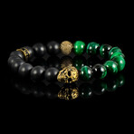 Gold Plated Steel Skull + Green Tiger Eye + Matte Onyx Stone Stretch Bracelet // 8"
