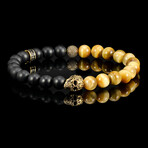 Gold Plated Steel Skull + Golden Tiger Eye + Matte Onyx Stone Stretch Bracelet // 8.5"