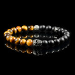 Steel Skull + Tiger Eye + Matte Onyx Stone Stretch Bracelet // 8.5"
