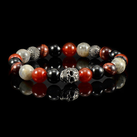 Skull Bead + Red Tiger Eye + Red Agate + Labradorite + Onyx Stone Bracelet // 8"