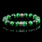 Green Tiger Eye Stone + Stainless Steel Accents Stretch Bracelet // 7.5"