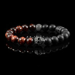 Steel Skull + Red Tiger Eye + Matte Onyx Stone Stretch Bracelet // 8.25"