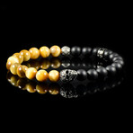 Steel Skull + Gold Tiger Eye + Matte Onyx Stone Stretch Bracelet // 8.5"