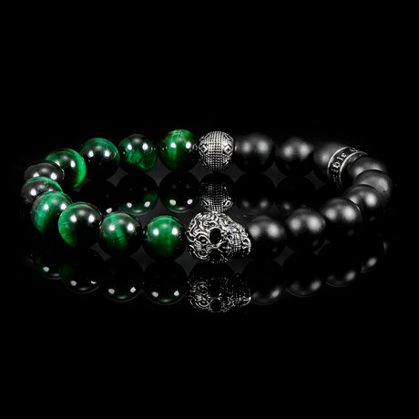 Green Tiger Eye Stone + Matte Onyx Stone + Stainless Steel Skull Stretch Bracelet // 10mm