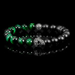 Steel Skull + Green Tiger Eye + Matte Onyx Stone Stretch Bracelet // 8.25"