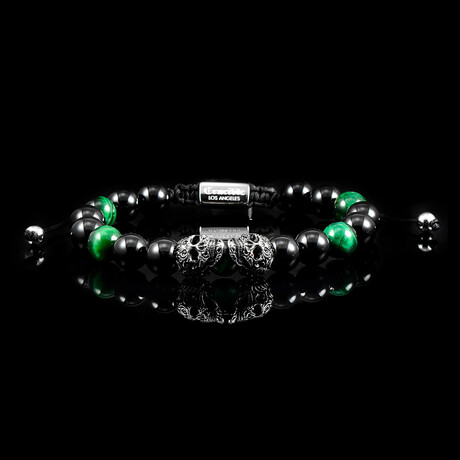 Double Steel Skulls + Green Tiger Eye + Onyx Stone Adjustable Bead Bracelet // 8.25"