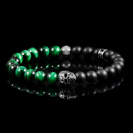 Green Tiger Eye Stone + Matte Onyx Stone + Stainless Steel Skull Stretch Bracelet // 8mm