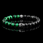 Steel Skull + Green Tiger Eye + Matte Onyx Stone Stretch Bracelet // 8.5"