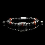 Double Steel Skulls + Red Tiger Eye + Onyx Stone Adjustable Bead Bracelet // 8.25"