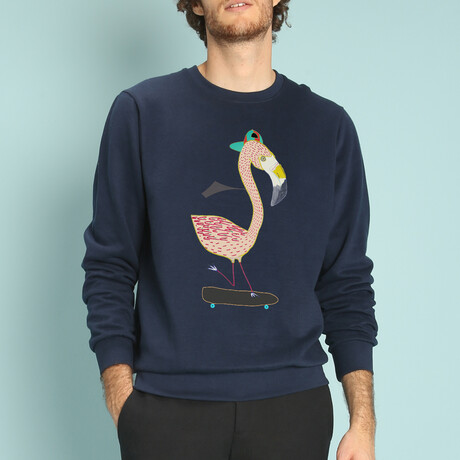 Wooop // Flamingo Skater Sweatshirt // Navy (Small)