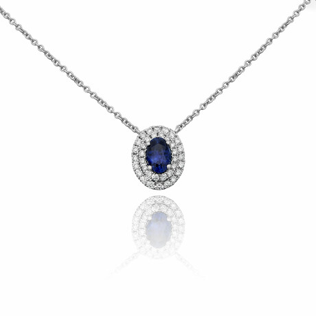 Genuine Oval Shaped Sapphire + White Diamond Pendant on Solid 18K White Gold Necklace