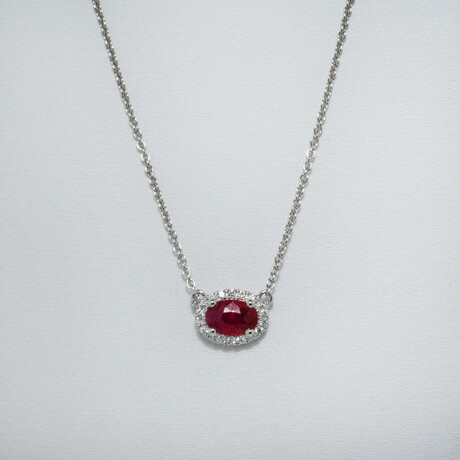 Genuine Ruby + White Diamond Pendant on Solid 18K White Gold Necklace