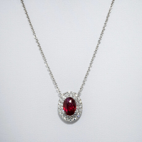 Genuine Oval Shaped Ruby + White Diamond Pendant on Solid 18K White Gold Necklace