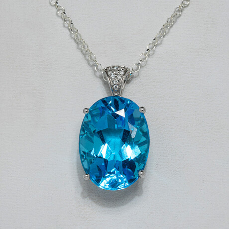 Genuine Large Gem-quality Blue Topaz Pendant + 14k White Gold Necklace
