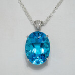 Genuine Large Gem-quality Blue Topaz Pendant + 14k White Gold Necklace
