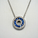 Genuine Sapphire + White Diamond Round Pendant on Solid 14K White Gold Necklace