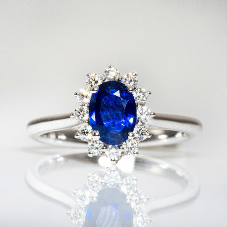 Genuine Blue Sapphire + 12 count Diamond 18K White Gold Ring (5)