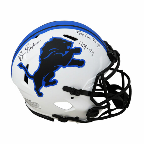 Barry Sanders // Detroit Lions // Signed Riddell Lunar Eclipse Speed Authentic Helmet w/ "HOF'04, The Lion King" Inscription // White Matte