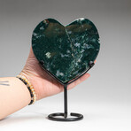Genuine Green Moss Agate Heart on Metal Stand