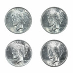 Peace Silver Dollars // Set of 4 Different Dates (1922-1925) // Almost Uncirculated Condition // Deluxe Collector's Pouch