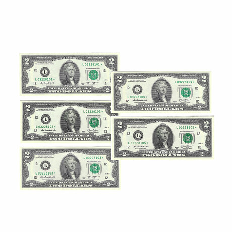 2013 $2 Federal Reserve Note // Sequential Set of 5 Star Notes // Choice Crisp Uncirculated // Deluxe Collector's Pouch