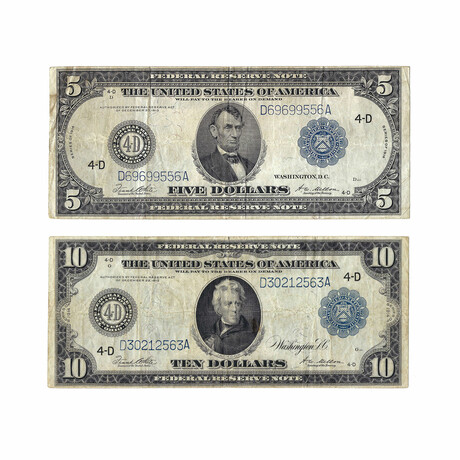 1914 $5 & $10 Large-Size Federal Reserve Notes // Set of 2 // Lightly Circulated // Deluxe Collector's Pouch