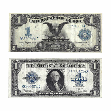 1899 and 1923 $1 Large-Size Silver Certificates // Set of 2 // Lightly Circulated // Deluxe Collector's Pouch