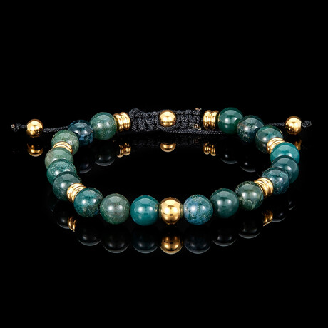 Moss Agate Stone + Yellow Plated Stainless Steel Beads Adjustable Bracelet // 7.75"