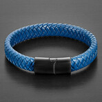 Blue Distressed Leather + Black Plated Stainless Steel Clasp Cuff Bracelet // 8.5"