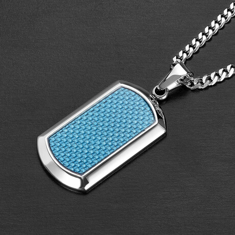 Blue Carbon Fiber Inlay Stainless Steel Dog Tag Necklace // 24"