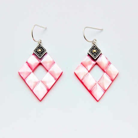 Bali Silver + 18K Gold Diamond Shaped Carved Mother of Pearl Earrings // Pink