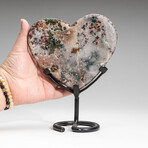 Genuine Moss Agate Heart on Metal Stand