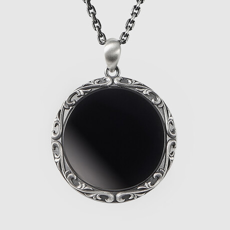Black Onyx Circle Pendant + Silver Bold Chain (19.7"L)