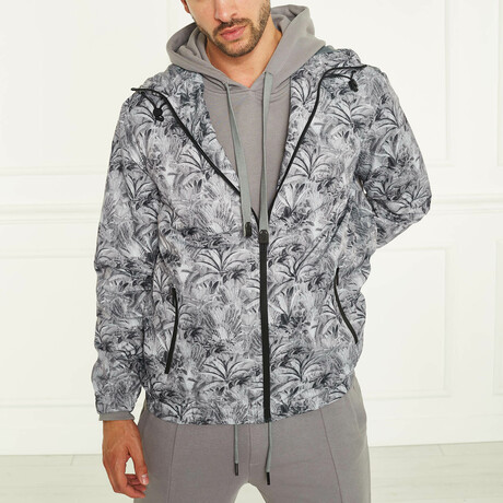 Men's Palm Trees Print Rain Jacket // Gray (S)