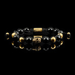 Gold Plated Steel Skull + Onyx Stone Adjustable Bracelet // 8.5"
