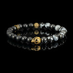 Gold Plated Steel Skull + Snowflake Agate + Matte Onyx Stone Stretch Bracelet // 8.5"