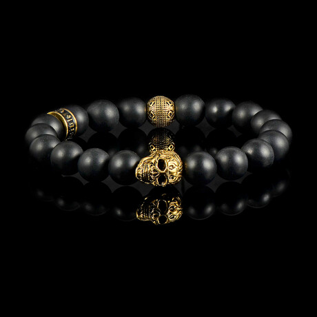 Gold Plated Steel Skull + Matte Onyx + Matte Onyx Stone Stretch Bracelet // 8"