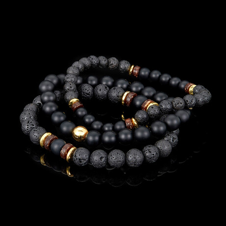 Matte Agate + Gold Plated Hematite + Lava + Wood Bead Stretch Bracelets // Set of 3 // 8"