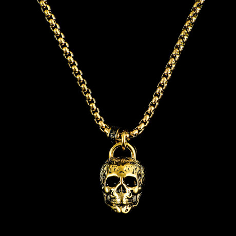 Antique + Polished Gold Plated Stainless Steel Large Skull Pendant Necklace // 24"
